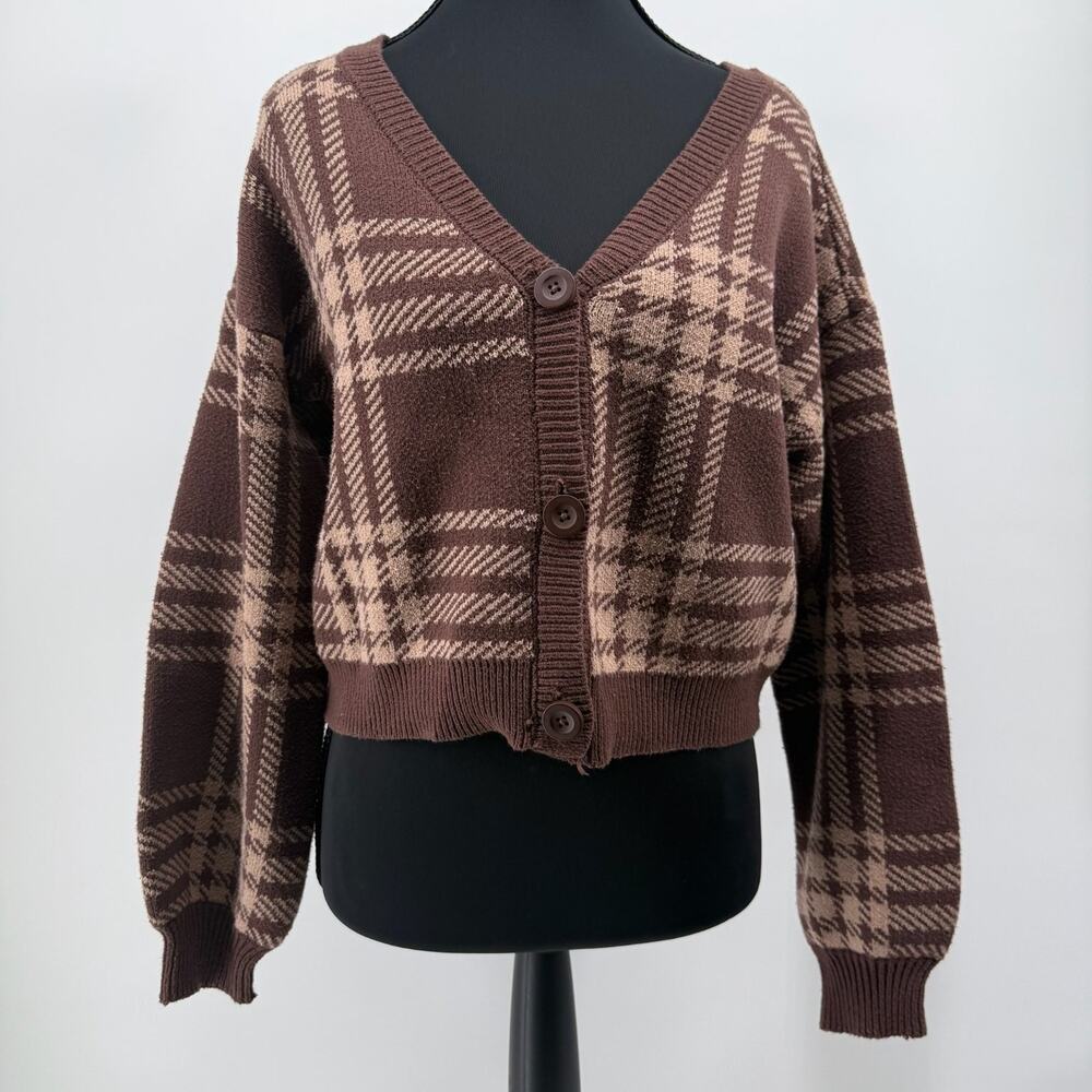 Hollister Women's M Brown Plaid V-Neck Button Front Cropped Cardigan Sweater
